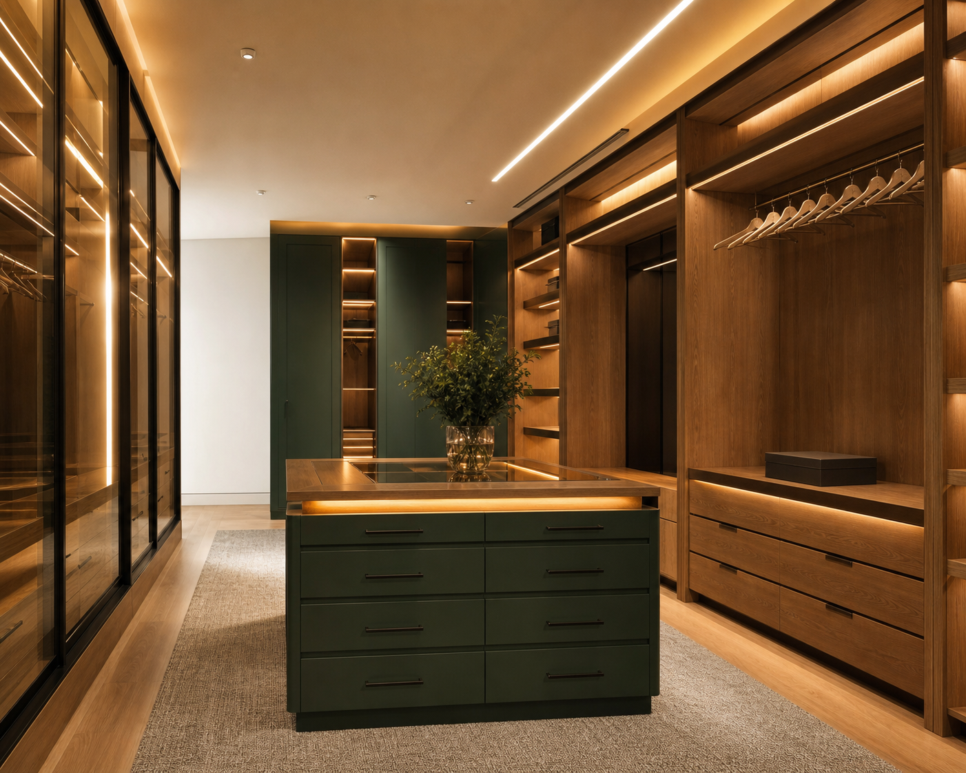 Closet planejado com iluminação integrada e marcenaria sob medida para organização do quarto